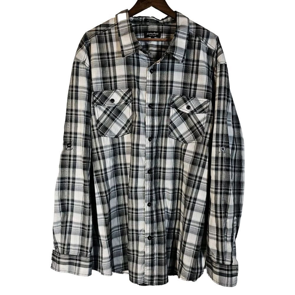 Eighty Eight Long Roll-Tab Sleeve Collar Button Pearl Snap Pockets Plaid Gray 4X